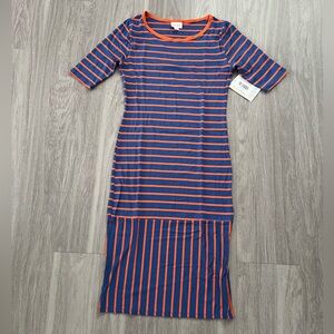 LuLaRoe Julia Striped Dress in Blue and Orange xsmall